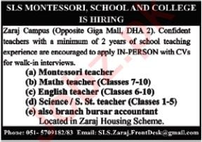 Teaching Jobs in Rawalpindi at SLS Montessori, School, and College