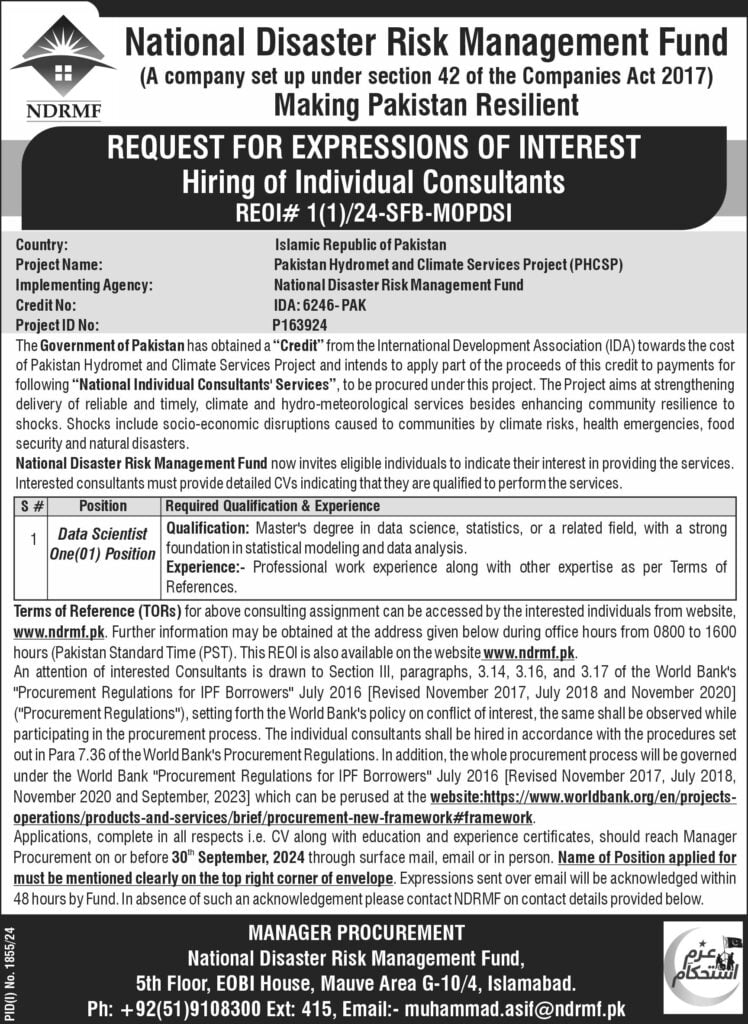 Government job in Islamabad: Data Scientist position at NDRMF for the Pakistan Hydromet and Climate Services Project.