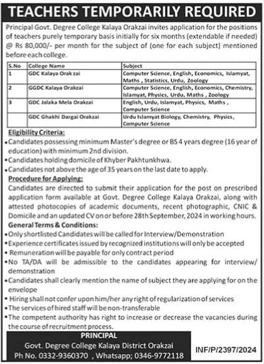 Teacher Jobs 2024 at Govt. Degree College Kalaya Orakzai