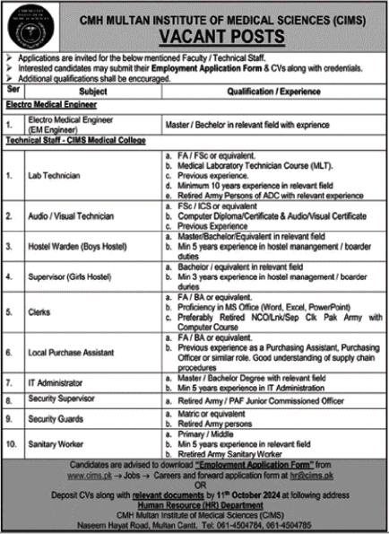 Jobs in Multan - CMH Multan Institute of Medical Sciences