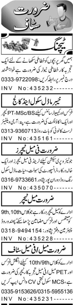 Female and male teaching positions in Peshawar schools