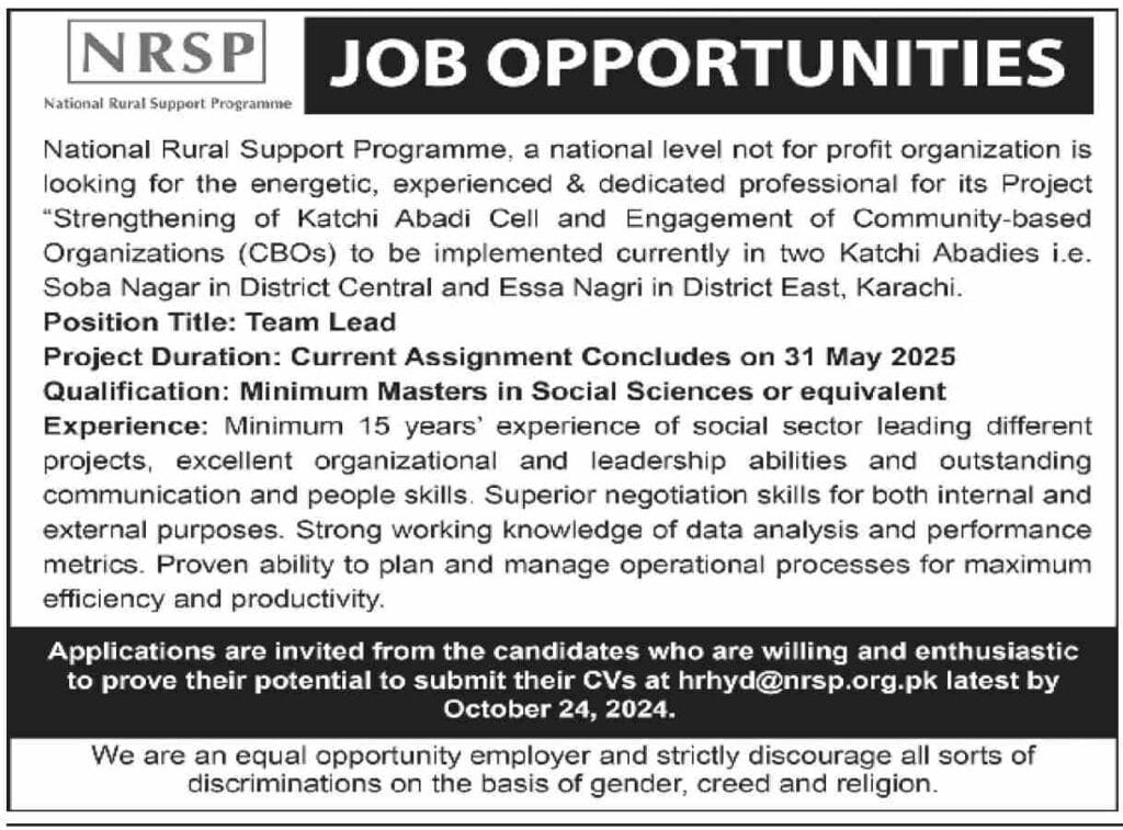 Karachi job 2024 Team Lead NRSP