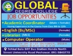 Teaching Jobs in Peshawar - Global Degree College job advertisement