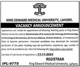 King Edward Medical University Jobs - Teaching positions available for Anatomy, Pathology, Pharmacology, and more