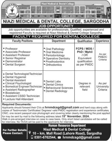 Niazi Medical College Jobs - Faculty and Support Staff Positions