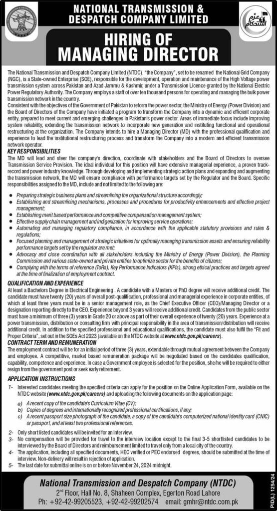 Managing Director Job at National Transmission and Despatch Company (NTDC)

