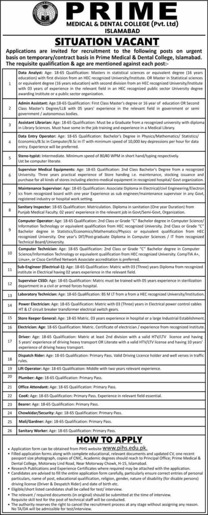 Job opportunities at Prime Medical College Islamabad for various positions including Data Analyst, Admin Assistant, and more