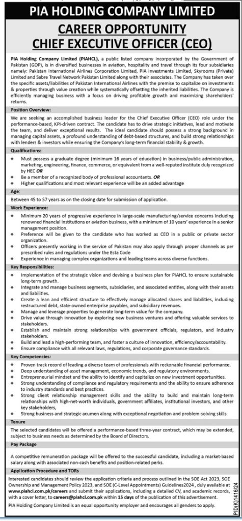 Career Opportunities at PIA Holding Company - Chief Executive Officer Position Announcement