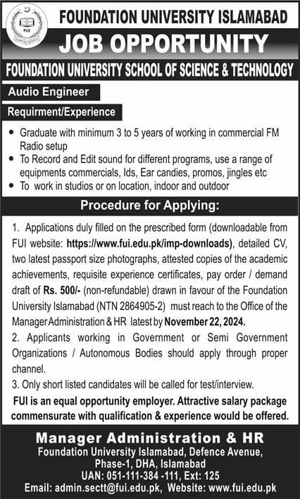 Foundation University Jobs 2024 - Audio Engineer Position