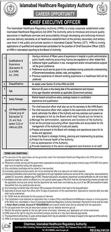 Govt Jobs 2024 - Chief Executive Officer in Islamabad Healthcare Regulatory Authority