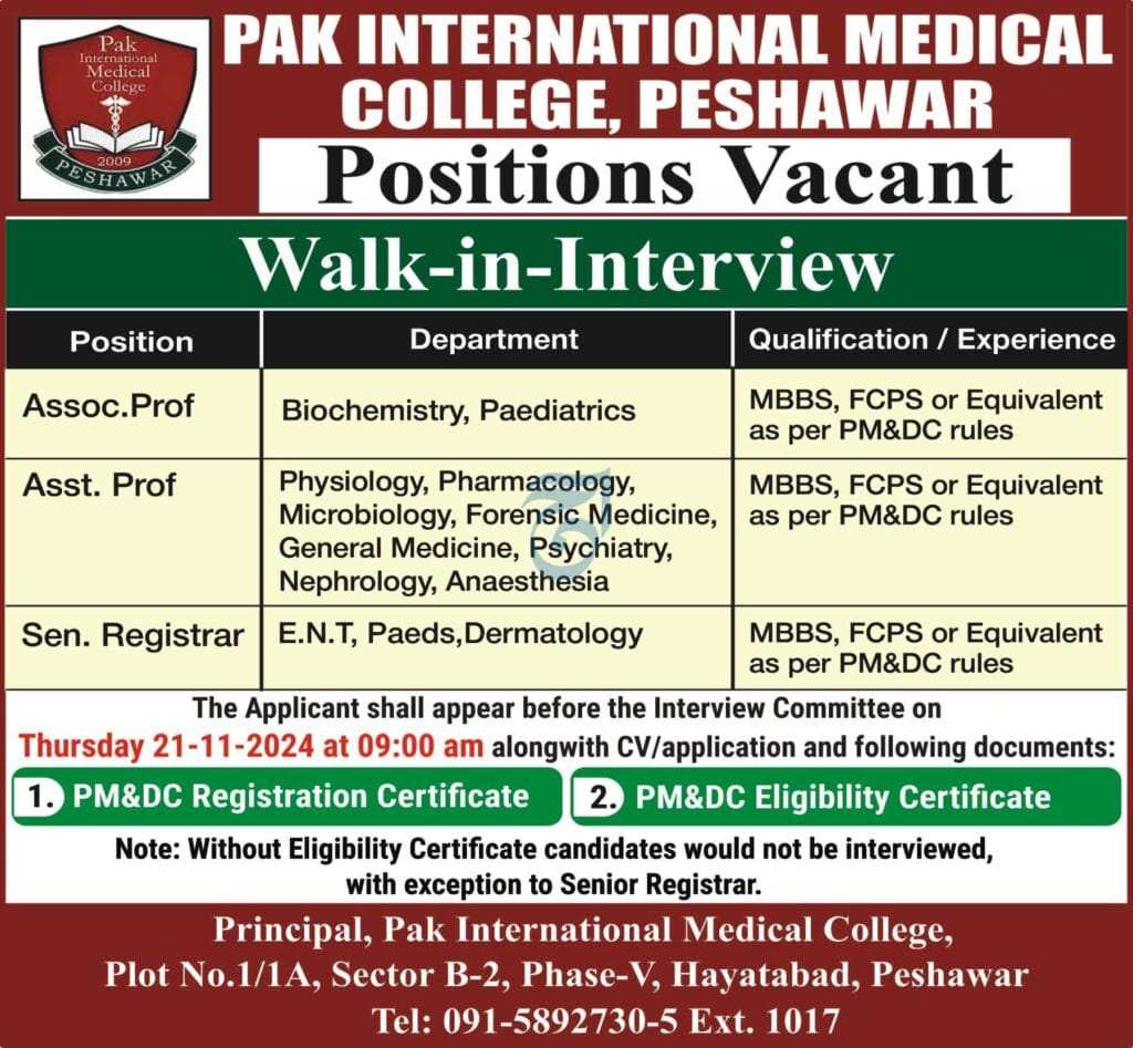 Latest Jobs in Peshawar at Pak International Medical College – Walk-in Interviews