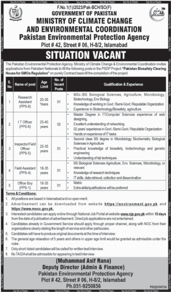 Latest jobs in Islamabad Pakistan Environmental Protection Agency positions