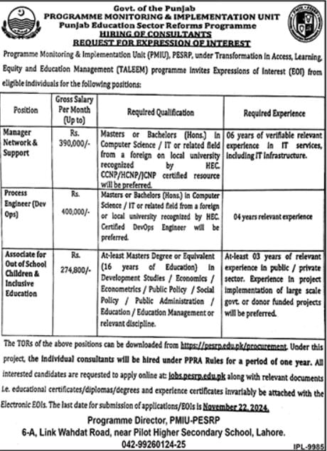 Government of Punjab jobs 2024 - PMIU-PESRP consultant positions