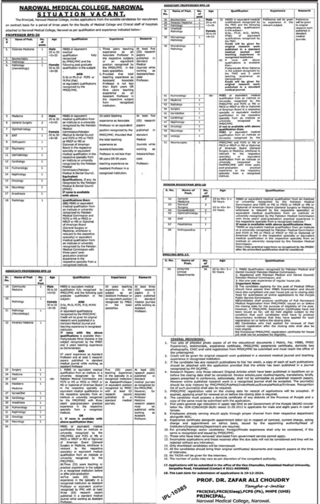 Narowal Medical College Faculty Vacancies 2024 - Professors, Assistant Professors, Senior Registrars Positions