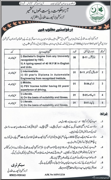 AJK jobs 2024 Transport Authority positions

