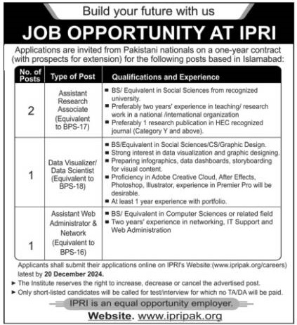 IPRI Management Islamabad 2024 job advertisement