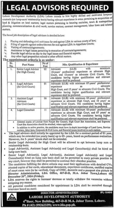 Lahore Development Authority legal advisors job advertisement 2024