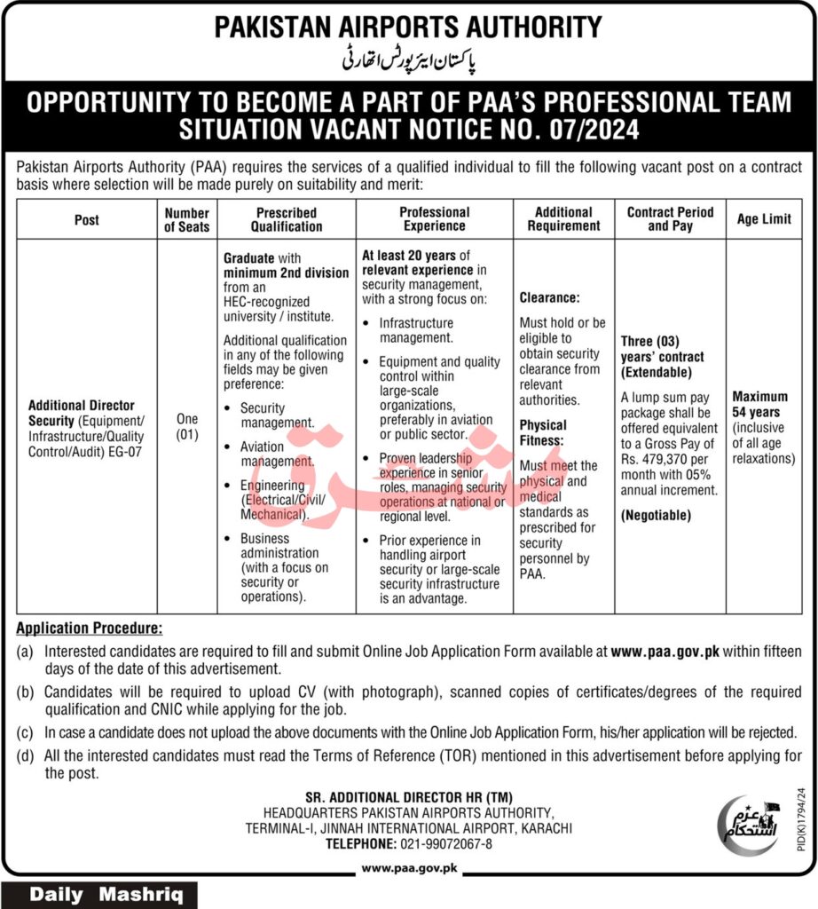 Pakistan Airports Authority job advertisement for Additional Director Security 2024