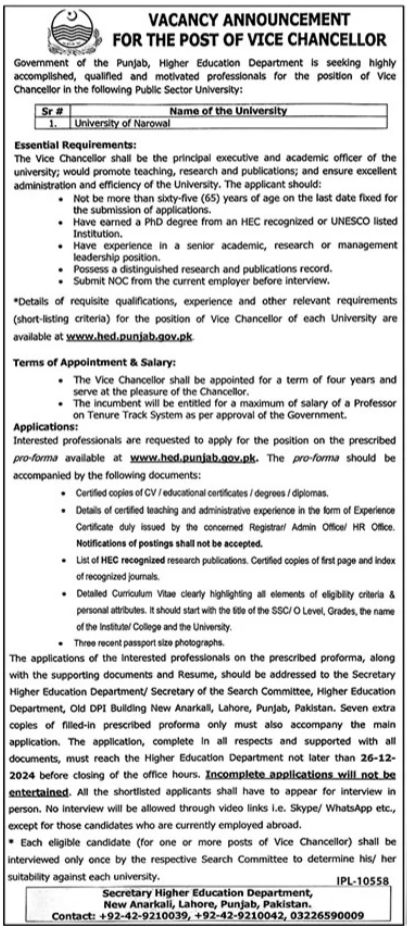 University Of Narowal Vice Chancellor Job Advertisement